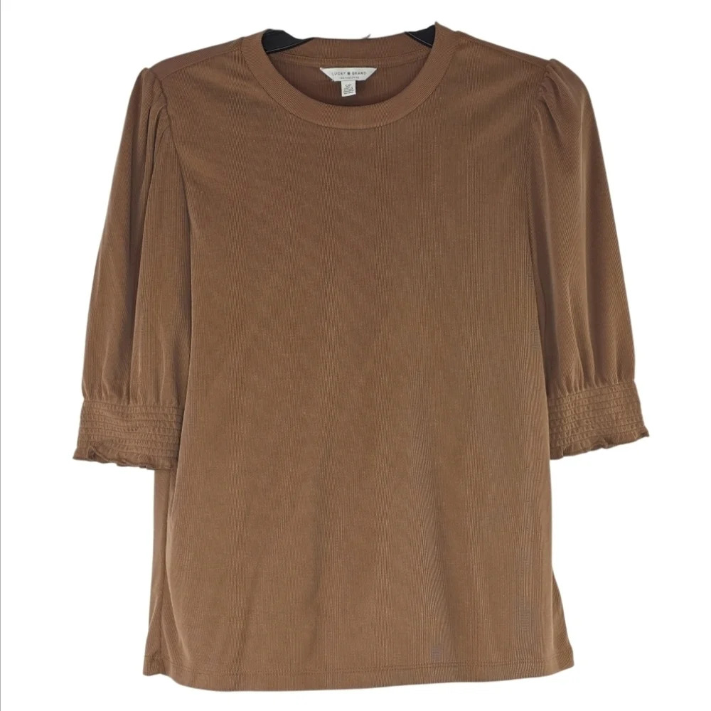 Lucky Brand Tan Crew Neck Puff Sleeve Silky Ribbed Blouse Size Small